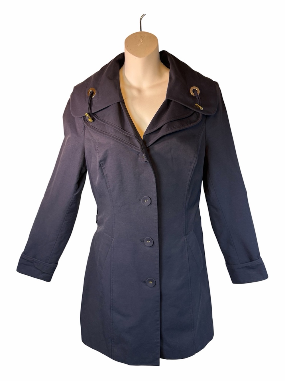 Caché Trench Coat Vintage Navy Blue Belted Coat Gold Hardware M Nautical Classic